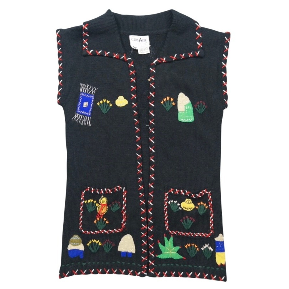 Vintage Collage Knit Vest Women M Black Embroidered Folk Art Novelty Sweater
